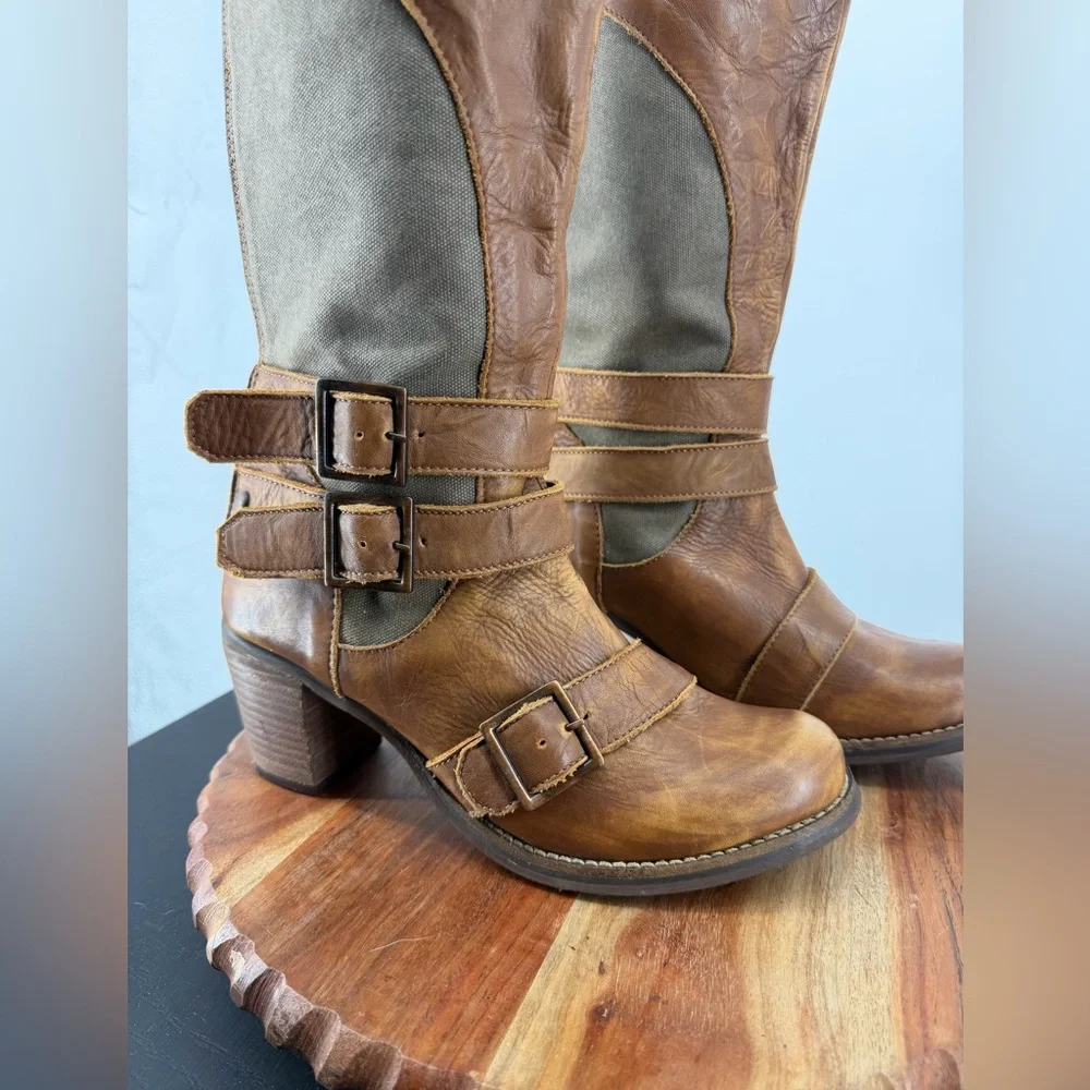 Durango harness tall boots sz 7 brown leather‎ green canvas